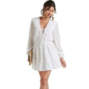 Venus Ruffled Mini Dress Tiered Swiss Dot Balloon Sleeve Bohemian Dress Size XL